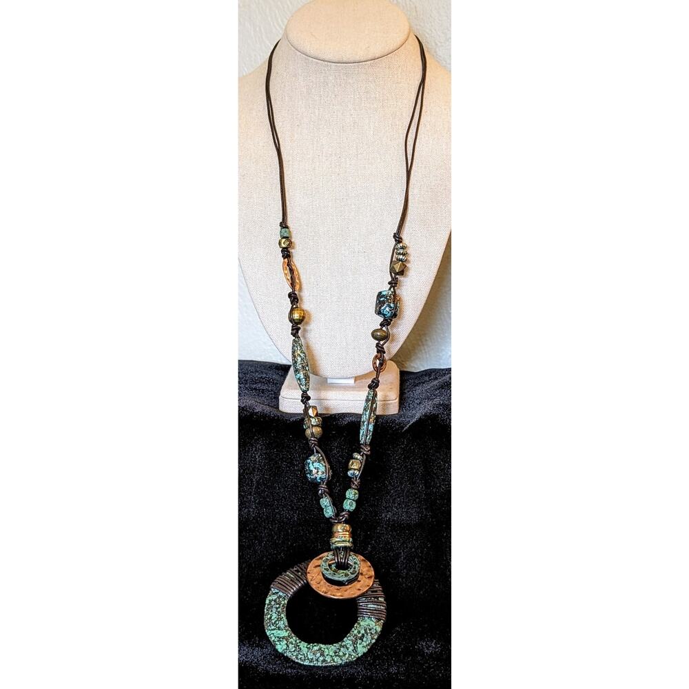 Vintage Earthy Boho Copper Multi-Layered Circle Pendant Rawhide Cord Necklace